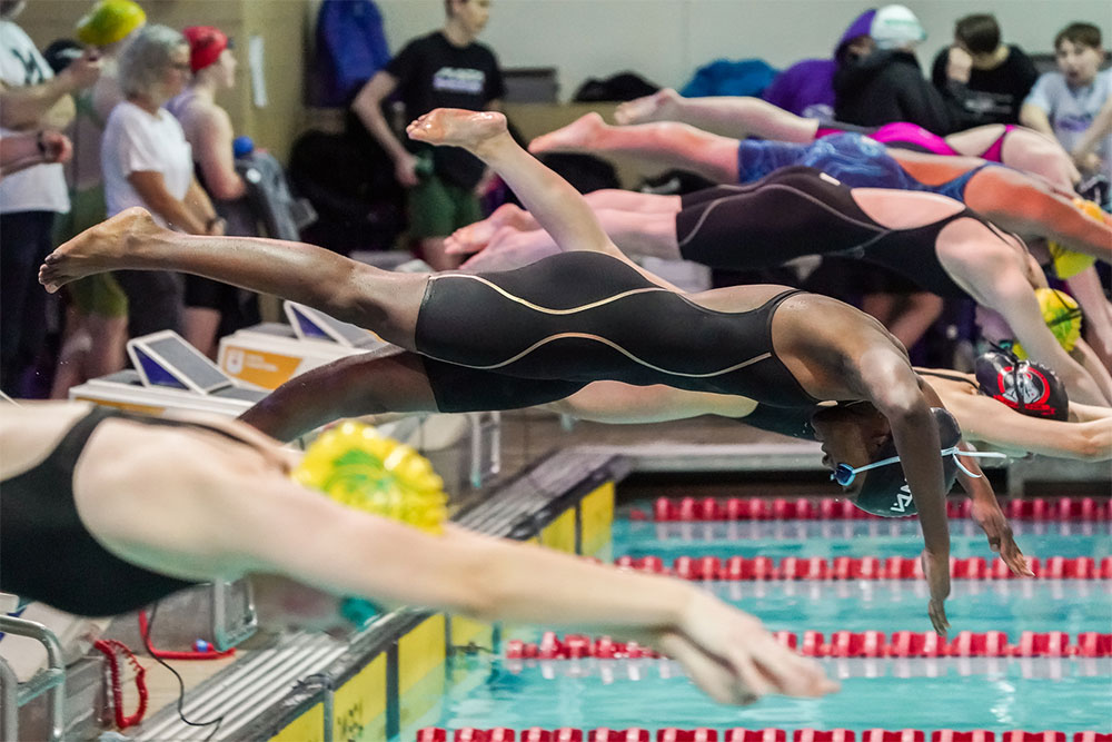 swimmers dive into swimming pool